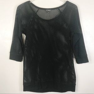 Express | Black 3/4 Sleeves Scoop Neck Fishnet Top